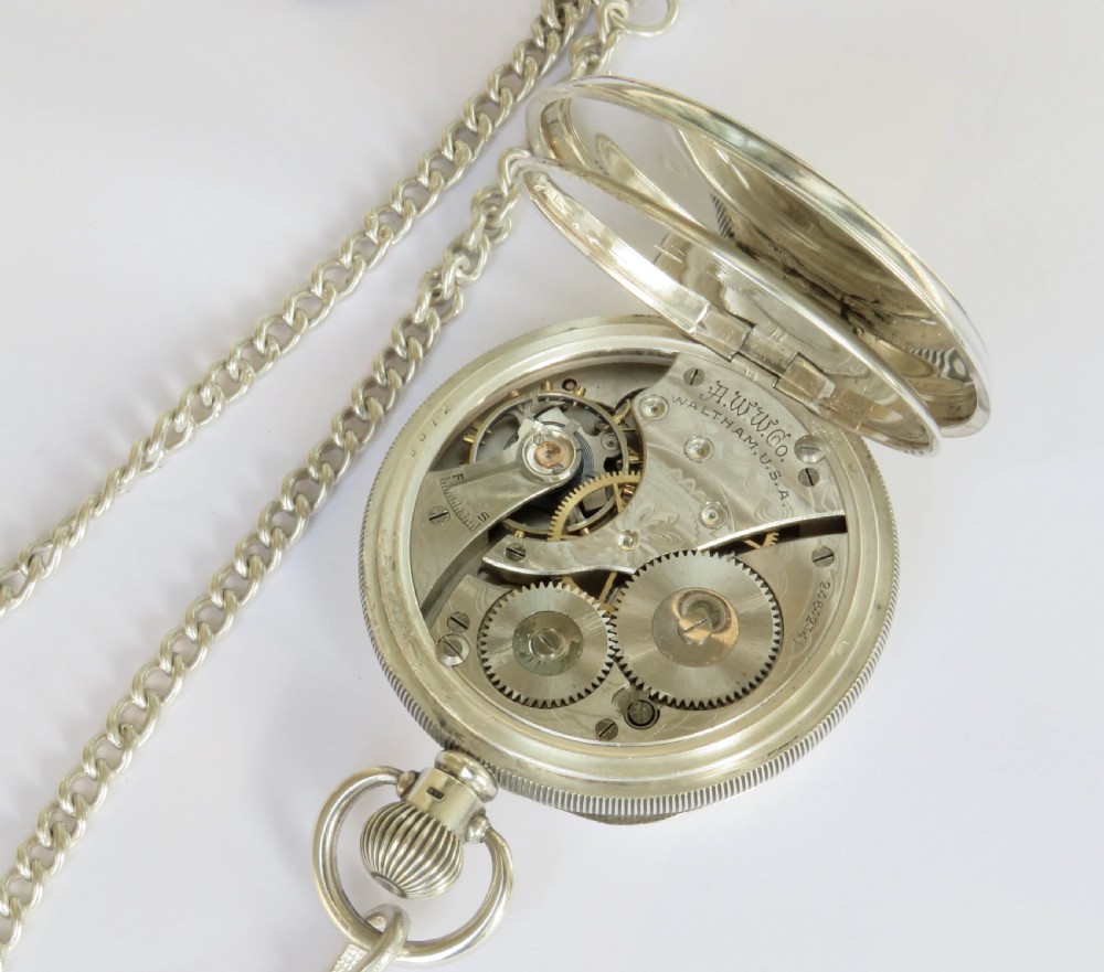 Antique silver Waltham Traveler pocket watch with chain View IV