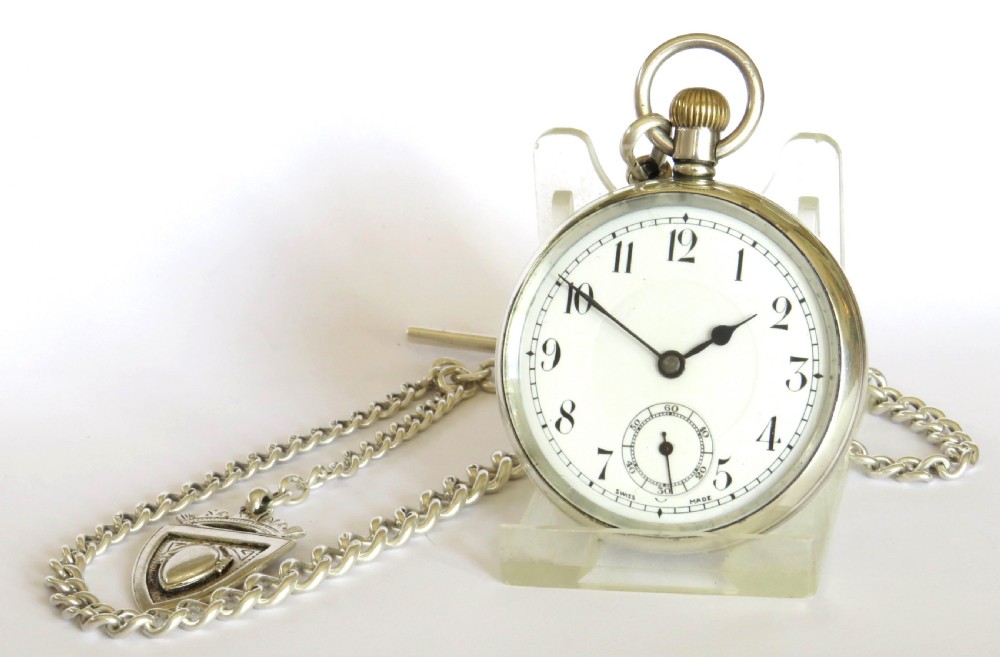 1931 silver Derrick pocket watch with chain