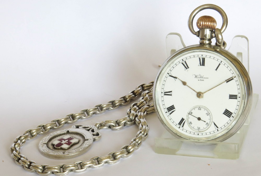 Antique silver Waltham pocket watch and chain