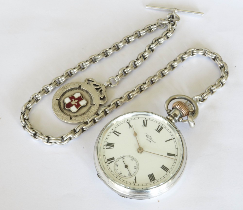 Antique silver Waltham pocket watch and chain View II