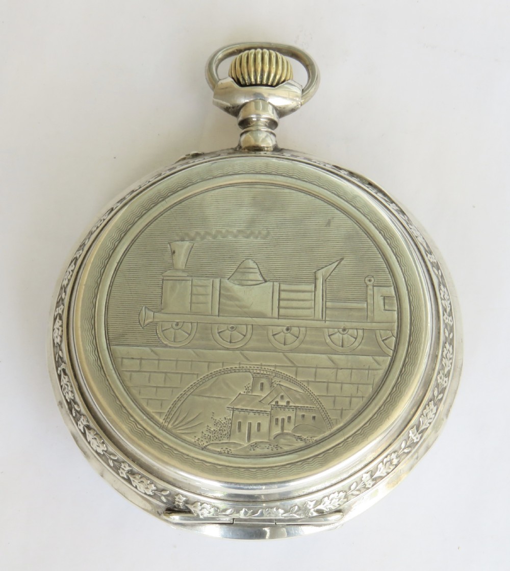 Antique silver Goliath pocket watch, steam loco View VII