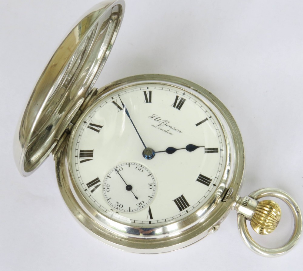 Antique silver J W Benson half hunter pocket watch, super condition View II