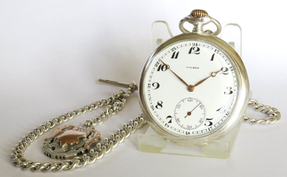 1920s silver Polhem pocket watch and chain