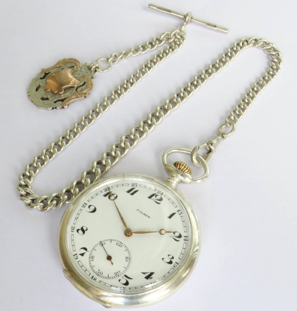 1920s silver Polhem pocket watch and chain View II