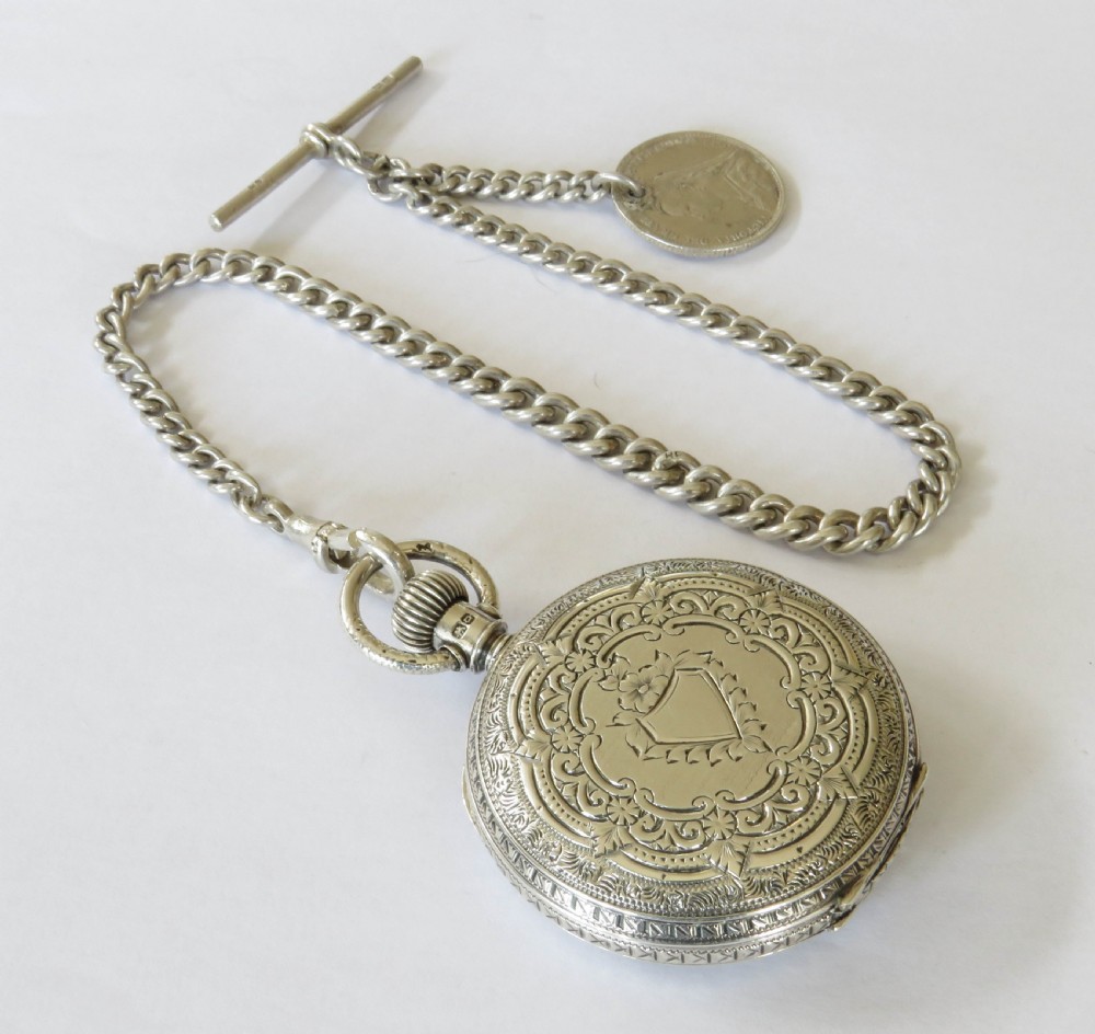 Antique silver Waltham Royal hunter fob watch & chain View II