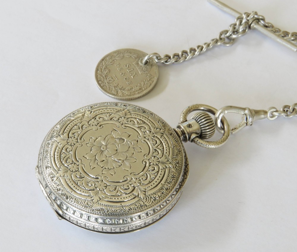 Antique silver Waltham Royal hunter fob watch & chain View III