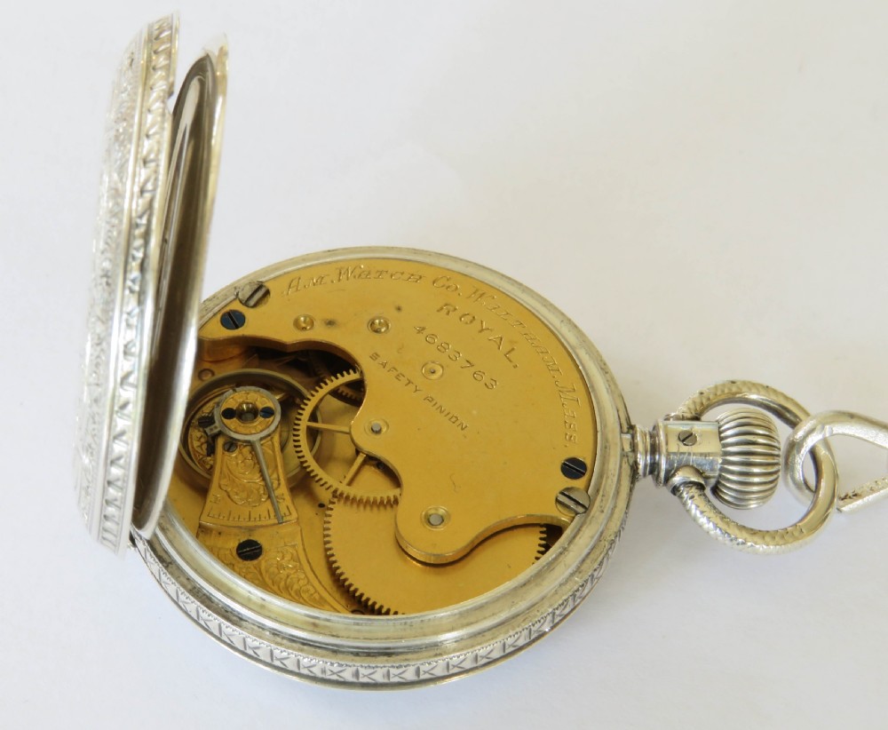 Antique silver Waltham Royal hunter fob watch & chain View IV