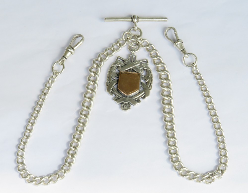Antique silver double watch chain & cricket fob