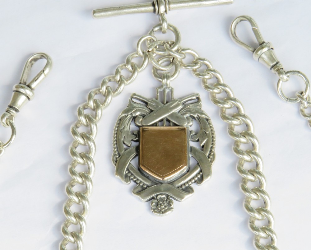 Antique silver double watch chain & cricket fob View II