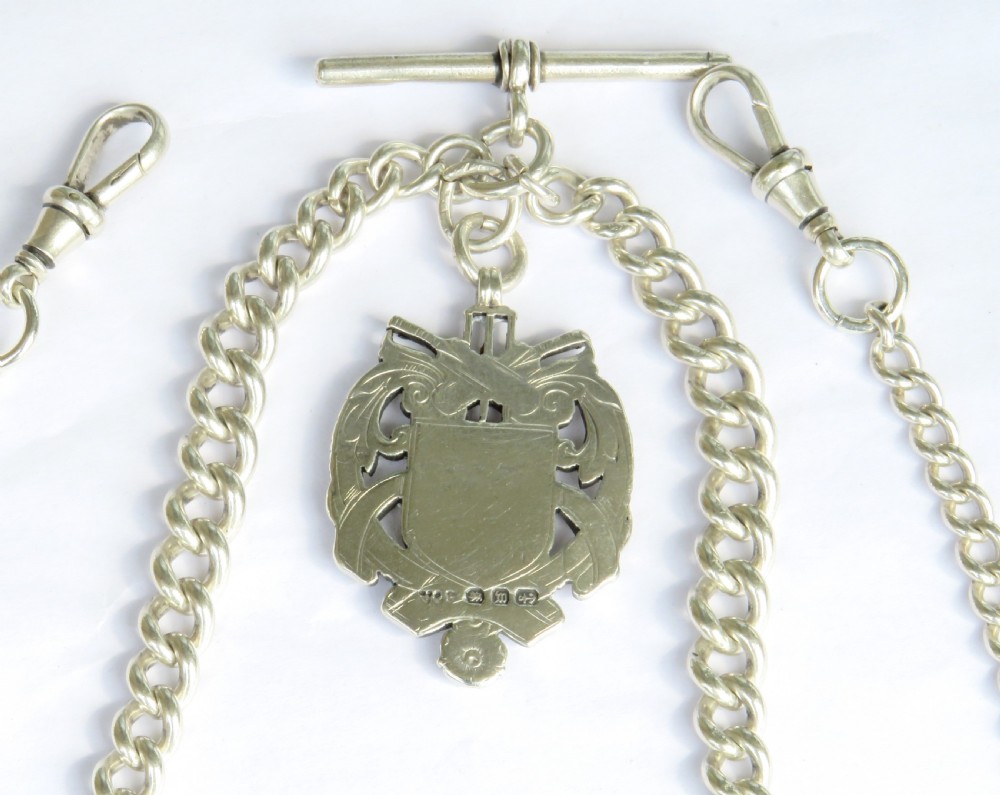 Antique silver double watch chain & cricket fob View III