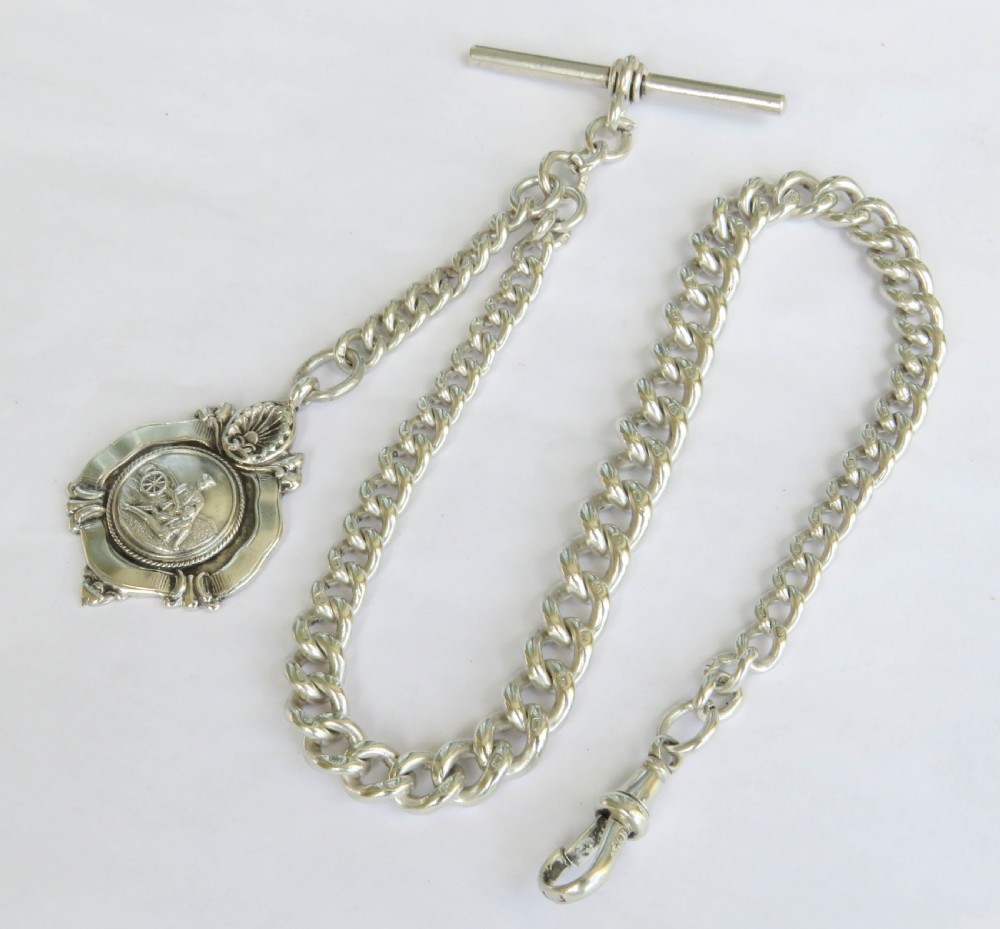Antique silver watch chain & Royal Navy fob