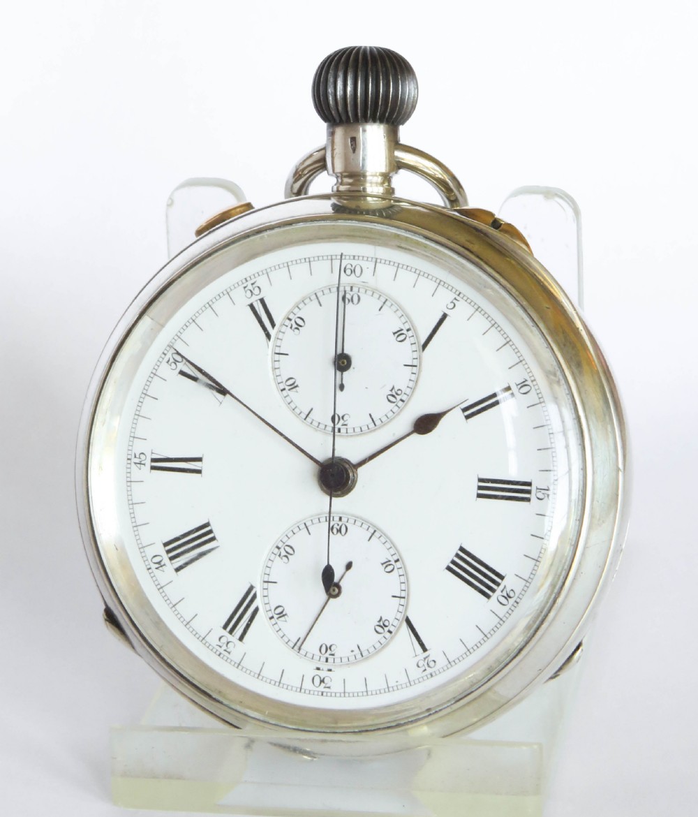 Silver Jaeger LeCoultre chrono pocket watch, J W Benson View II