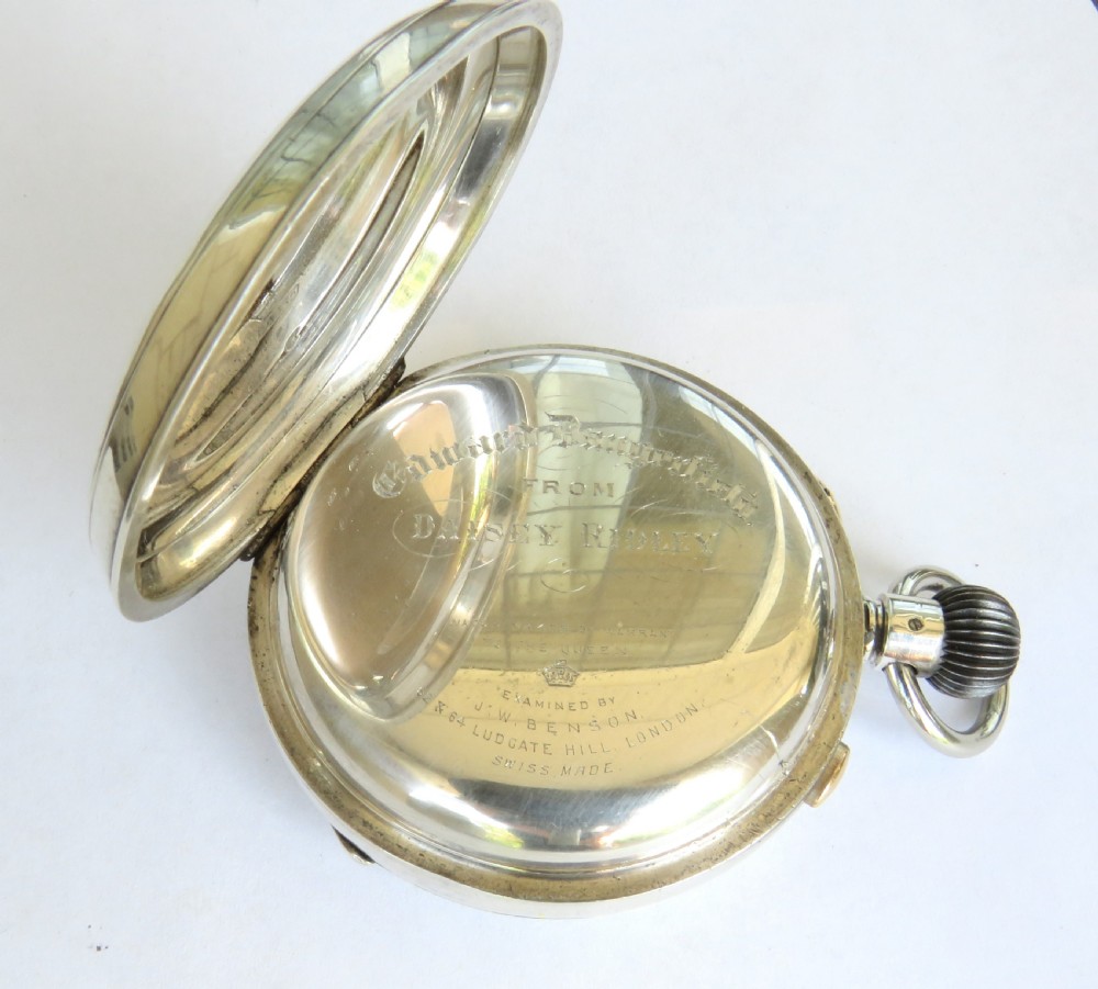 Silver Jaeger LeCoultre chrono pocket watch, J W Benson View IV