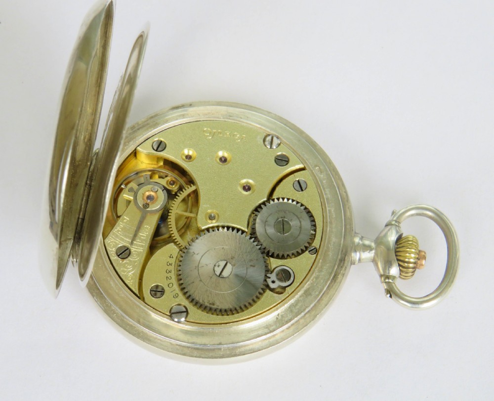 Antique silver Omega full hunter pocket watch, 1925 View V