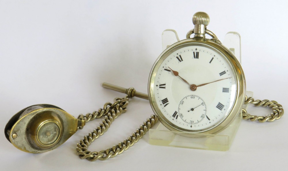 Antique pocket watch, chain and compass