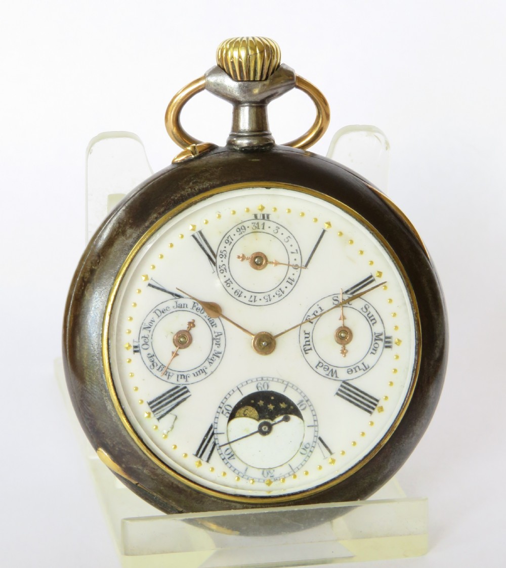 Antique gun metal calendar pocket watch View II
