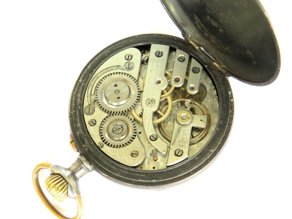 Antique gun metal calendar pocket watch View III