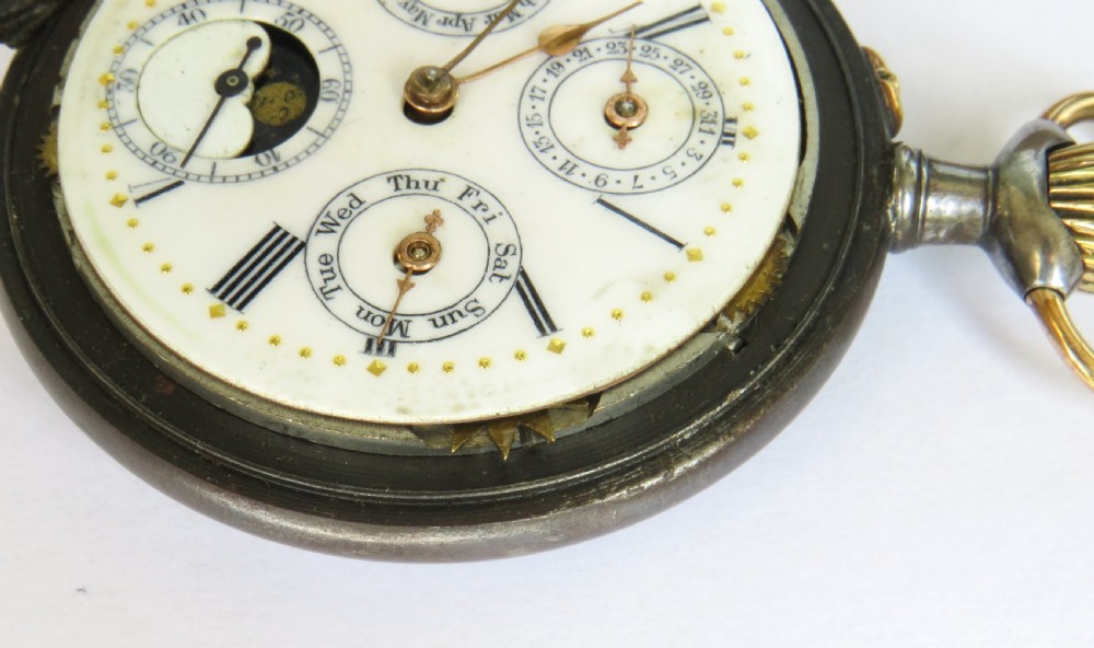 Antique gun metal calendar pocket watch View V