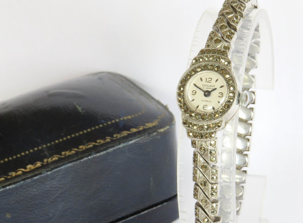 Ladies silver and marcasite Excalibur wrist watch, 1965 View III