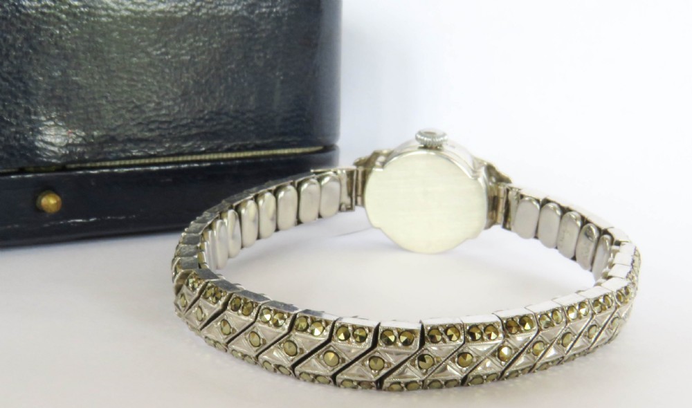 Ladies silver and marcasite Excalibur wrist watch, 1965 View V