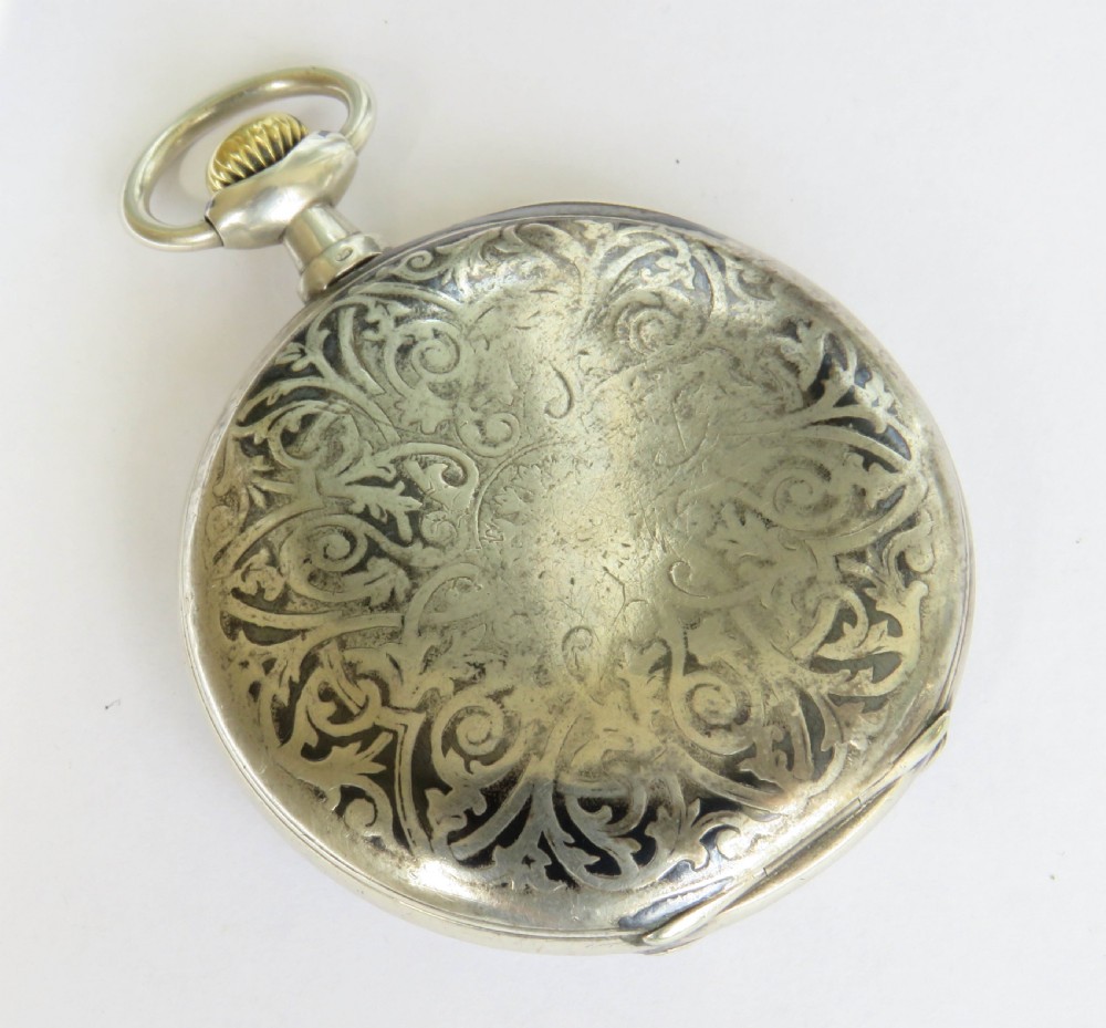 Antique silver niello hunter pocket watch, Grosjean Frères View VI