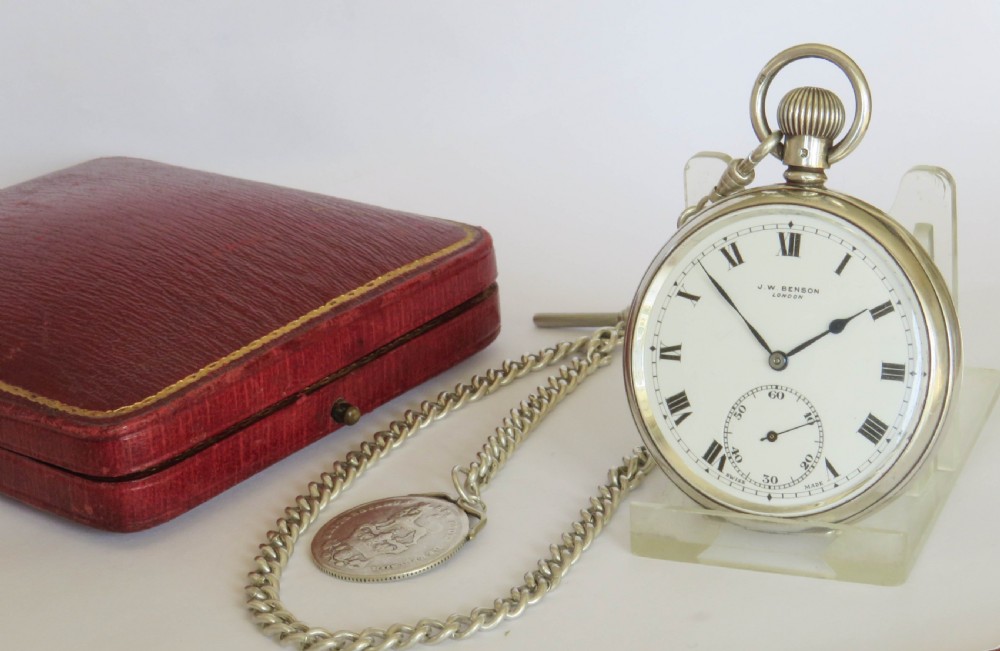 Antique J W Benson silver pocket watch and chain