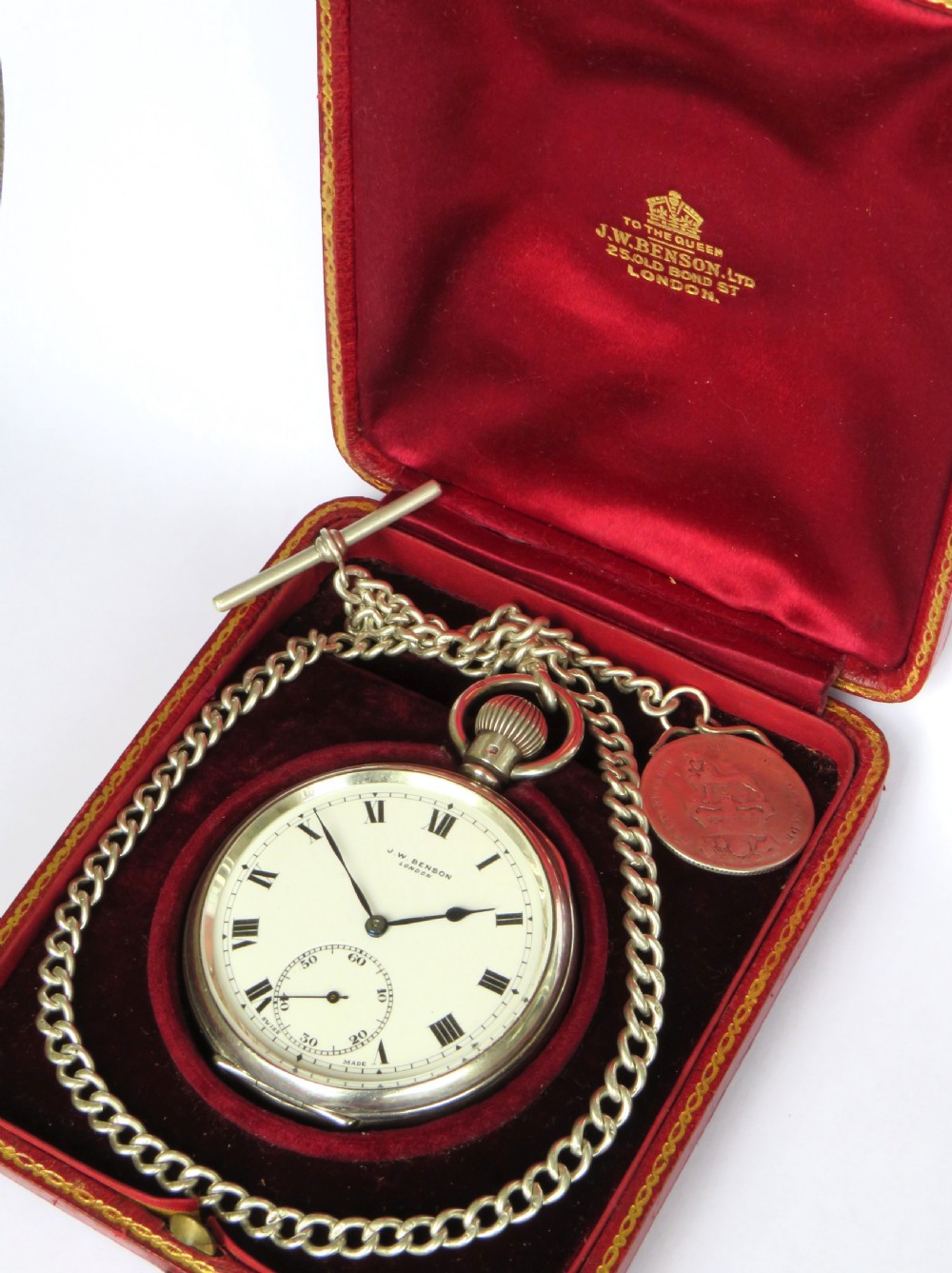 Antique J W Benson silver pocket watch and chain View II