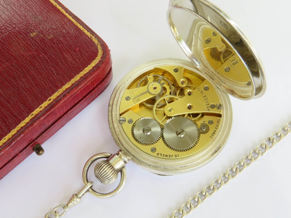Antique J W Benson silver pocket watch and chain View IV