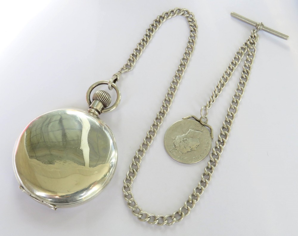 Antique J W Benson silver pocket watch and chain View V