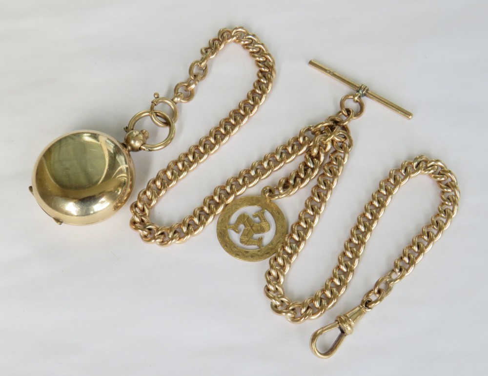 Antique 18ct rolled rose gold double watch chain & sovereign holder