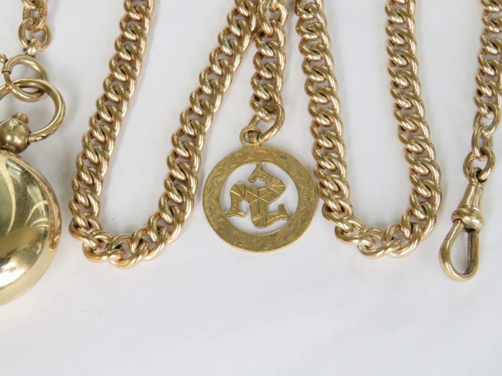 Antique 18ct rolled rose gold double watch chain & sovereign holder View III