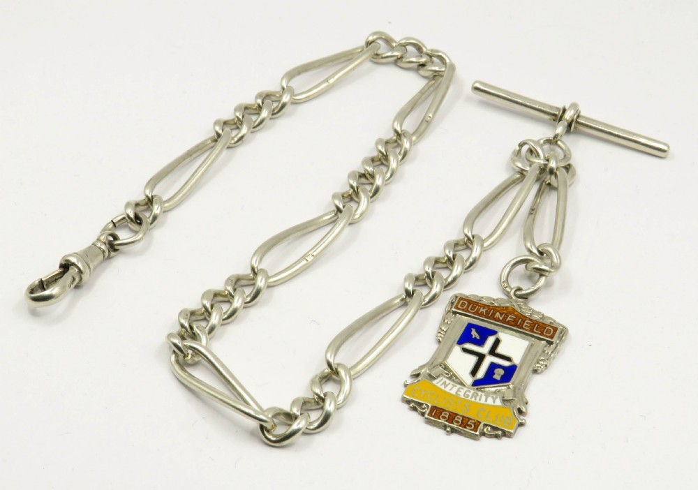 Antique silver watch chain and cycling fob 