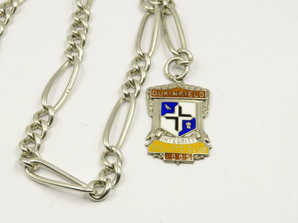 Antique silver watch chain and cycling fob  View II