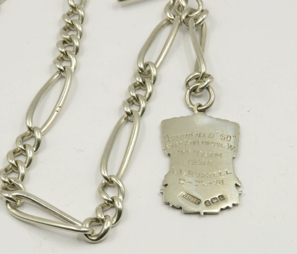 Antique silver watch chain and cycling fob  View III