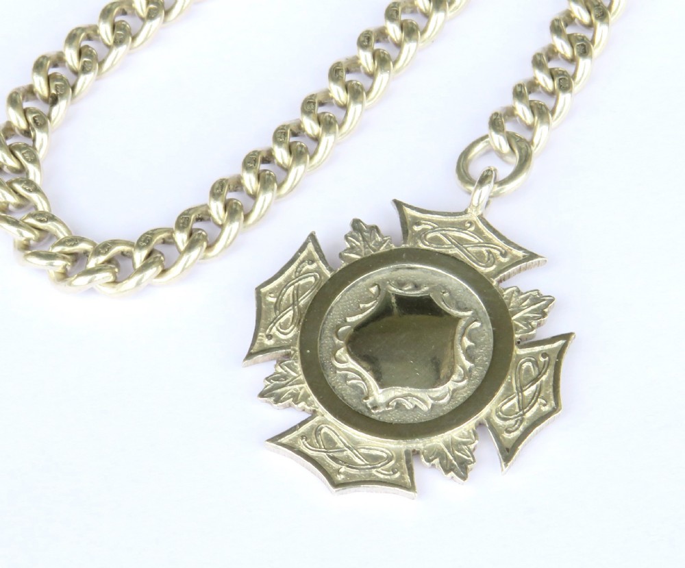 Antique 1920s silver watch chain and fob View II
