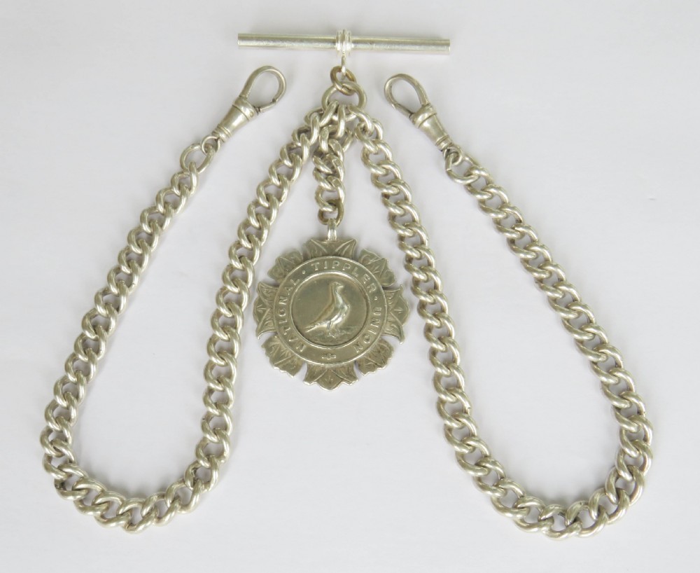 Antique 1909 silver double watch chain, tippler pigeons