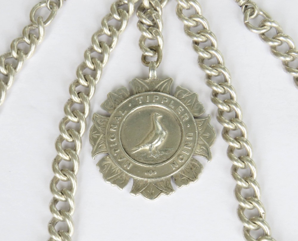 Antique 1909 silver double watch chain, tippler pigeons View II