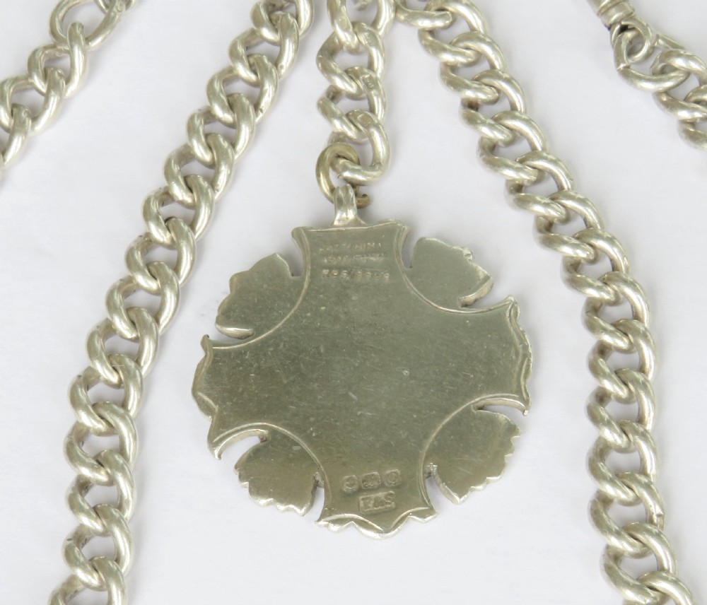 Antique 1909 silver double watch chain, tippler pigeons View III