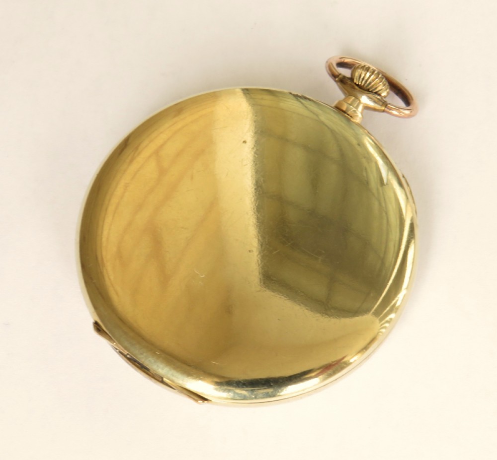 An open-face 1930s Bernex gold pocket watch featuring a cream dial, stylised black Arabic numerals, dark hands, and a sub-seconds dial at six oclock. View IV