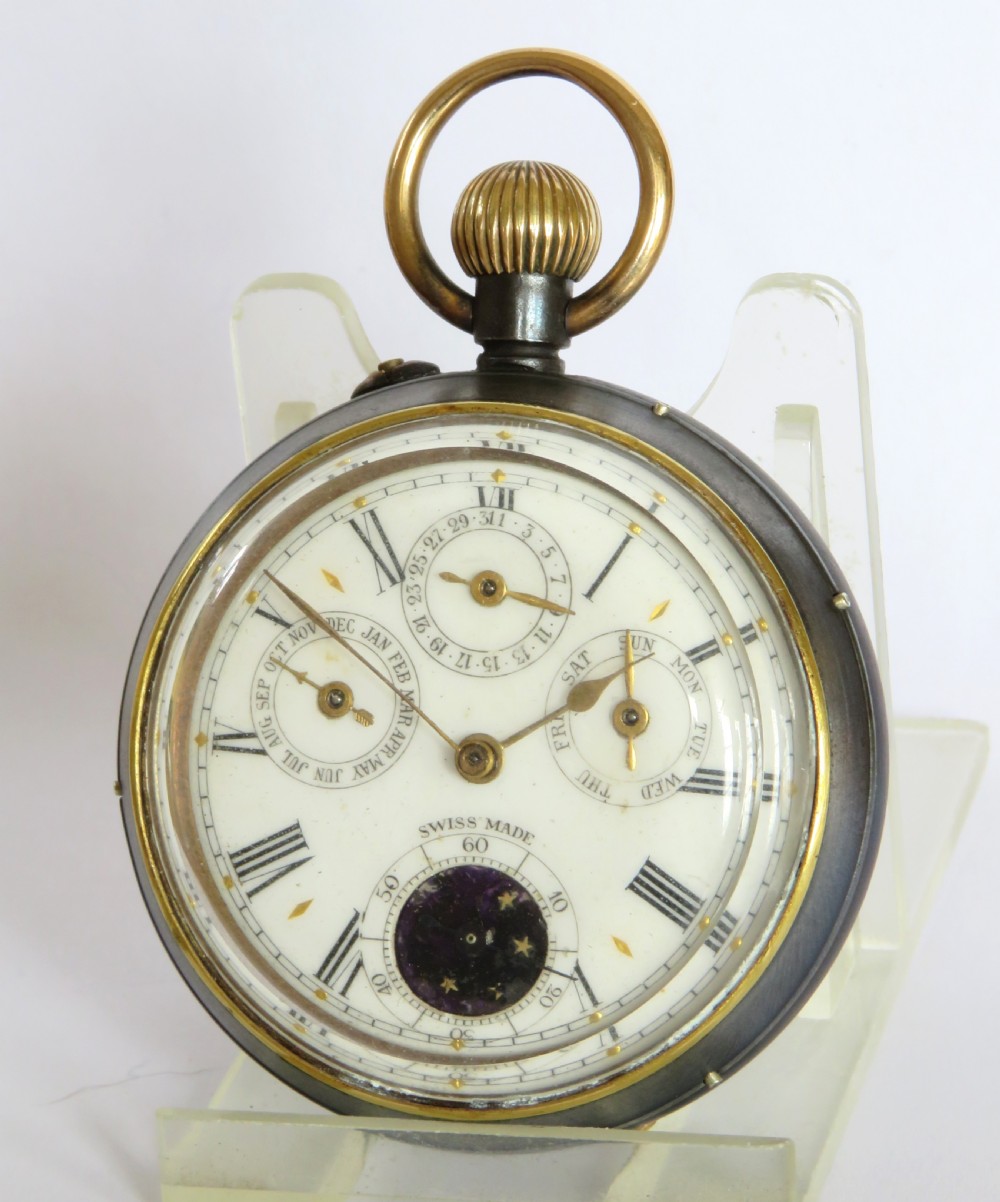 Antique gun metal calendar pocket watch