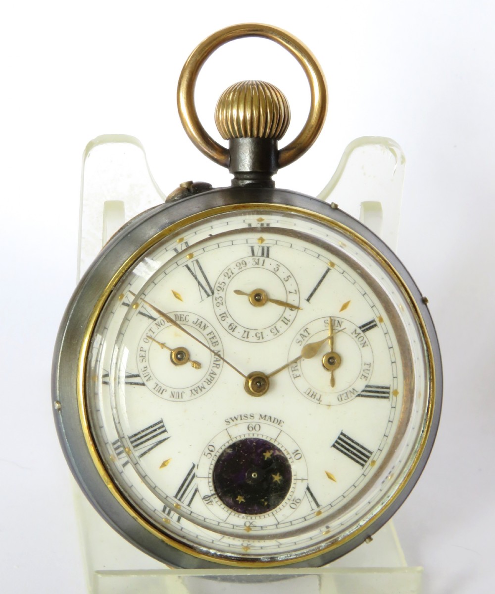 Antique gun metal calendar pocket watch View II