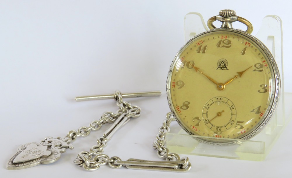 Silver Art Deco pocket watch and chain