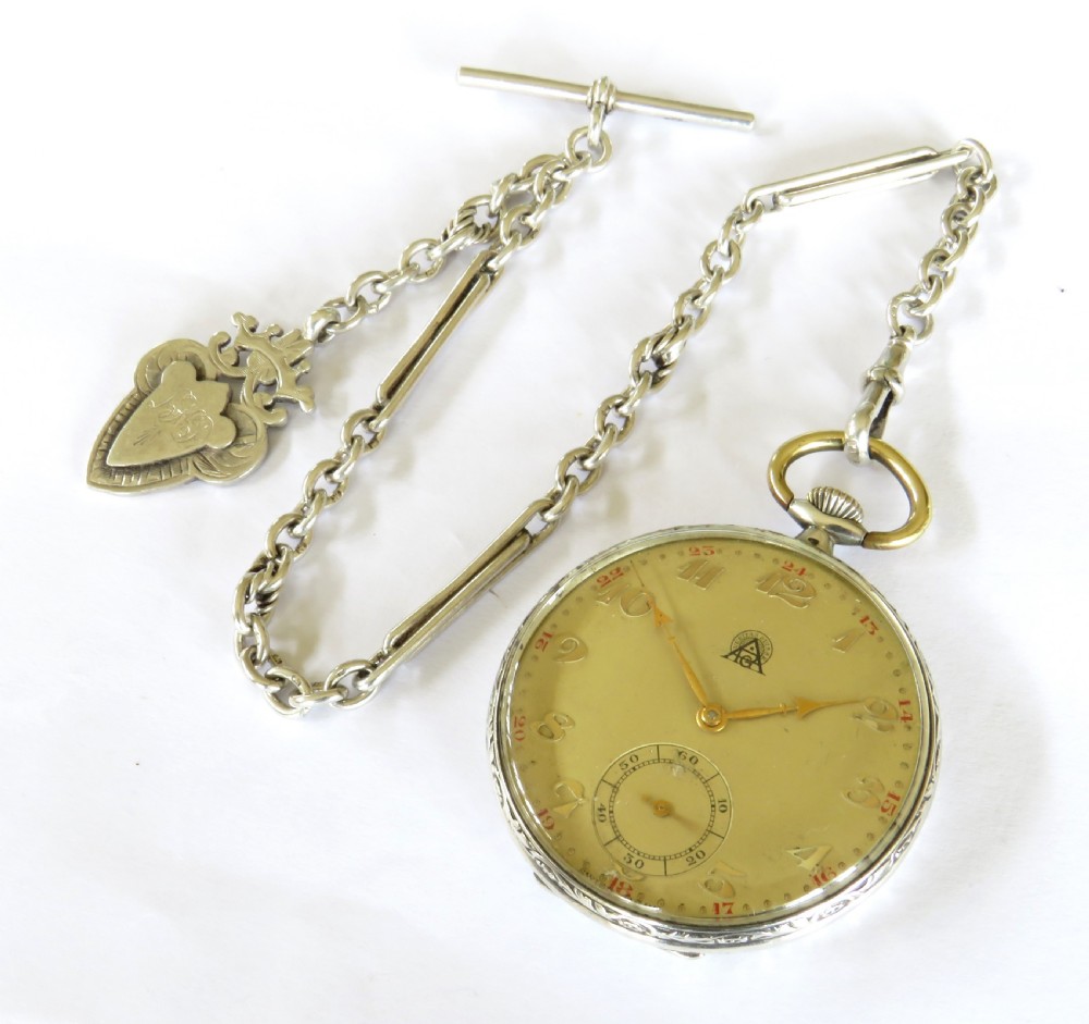 Silver Art Deco pocket watch and chain View II