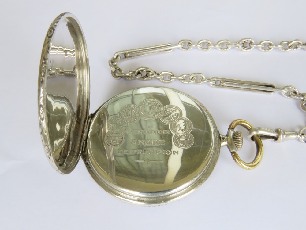 Silver Art Deco pocket watch and chain View III