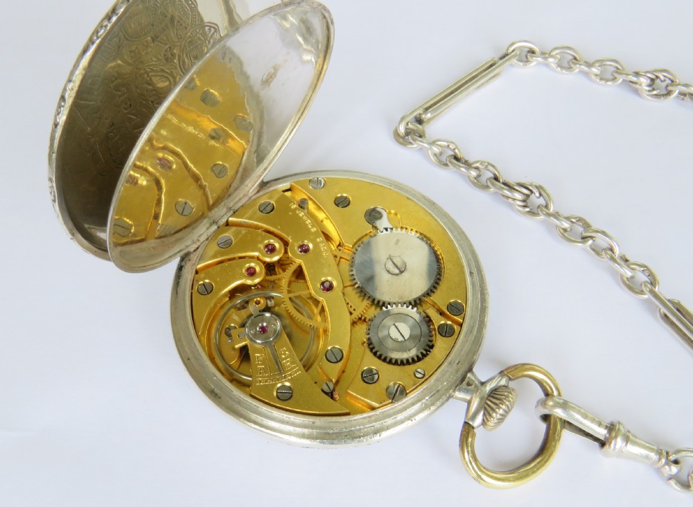 Silver Art Deco pocket watch and chain View V