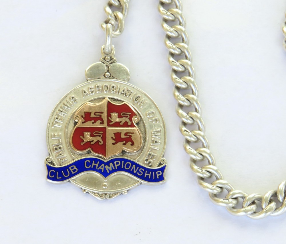 Victorian silver watch chain and table tennis fob View II