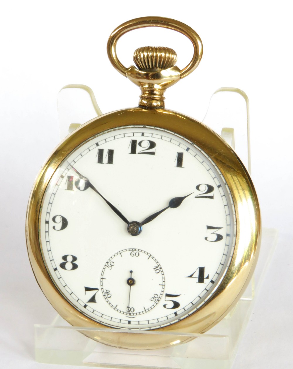 An open-face gold-tone pocket watch featuring a white enamel dial with black Arabic numerals, sub-seconds dial, and attached T-bar chain. View III