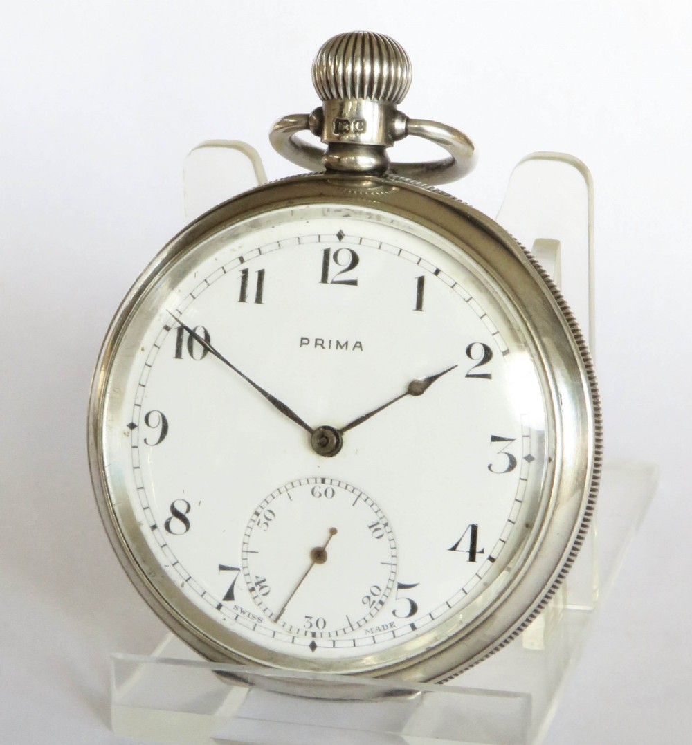 Antique Silver Revue Prima Pocket Watch & Chain View III