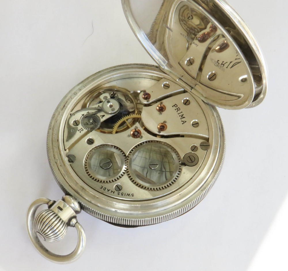 Antique Silver Revue Prima Pocket Watch & Chain View VI