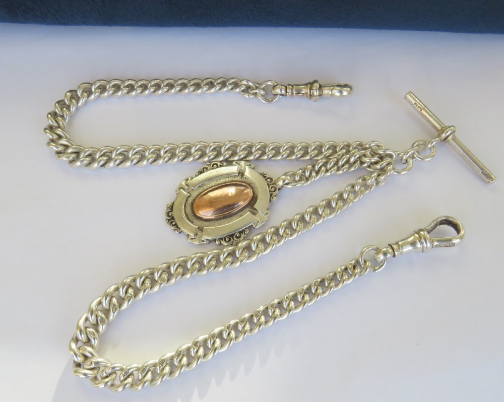 Antique silver double watch chain and fob, 1912